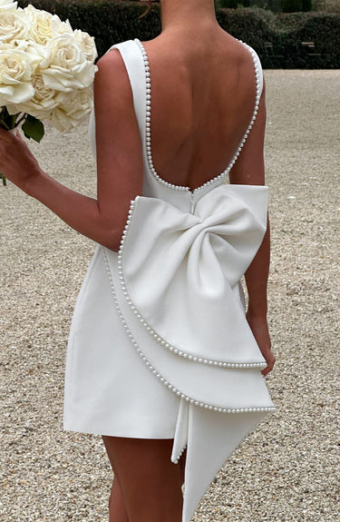 A-Line Mini Dress with Pearl Trim and Back Bow