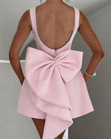 A-Line Mini Dress with Pearl Trim and Back Bow