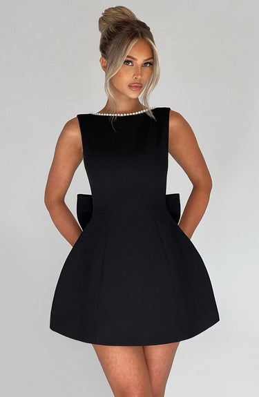 A-Line Mini Dress with Pearl Trim and Back Bow