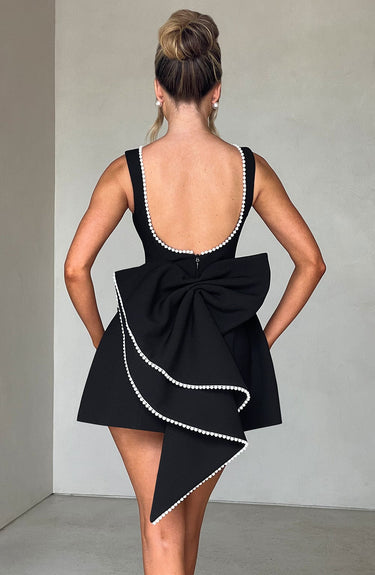 A-Line Mini Dress with Pearl Trim and Back Bow