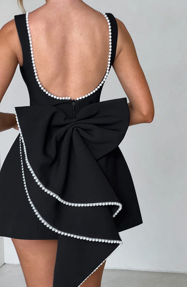 A-Line Mini Dress with Pearl Trim and Back Bow