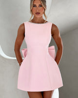 A-Line Mini Dress with Pearl Trim and Back Bow