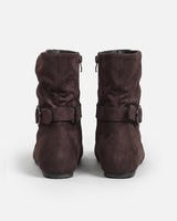 Pair of suede-effect ankle boots displayed side by side