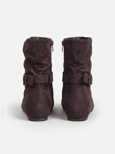 Pair of suede-effect ankle boots displayed side by side
