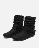 Side view of ankle boots showing lateral zip fastening and low wedge heel