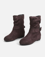 Rear view of slouched ankle boots showing heel height