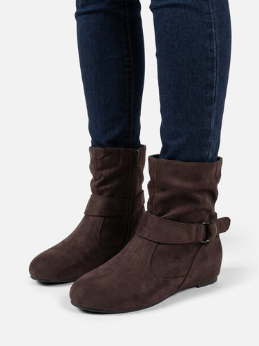 Top-down view of ankle boots showing buckle and zip details