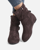 Detail shot of the low wedge sole and heel of the ankle boots
