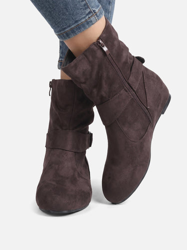 Detail shot of the low wedge sole and heel of the ankle boots