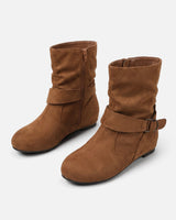 Suede-effect ankle boots with slouched shaft and buckle strap, front view