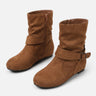 Suede-effect ankle boots with slouched shaft and buckle strap, front view