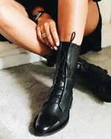 Pair of lace-up leather ankle boots laid flat, top-down view