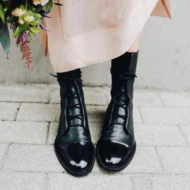 Back view of leather ankle boots showing heel and shaft