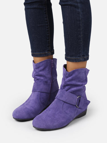 Ankle Boots Womens with Buckle Strap and Side Zip