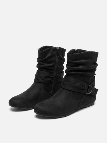 Side view of ankle boots showing lateral zip fastening and low wedge heel