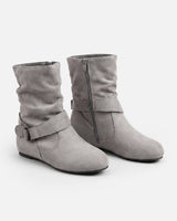 Ankle boots worn with jeans, showing relaxed silhouette at ankle