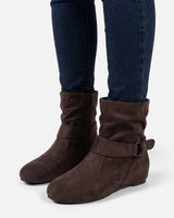 Top-down view of ankle boots showing buckle and zip details