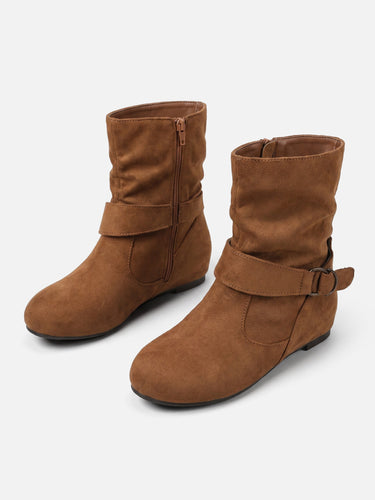 Suede-effect ankle boots with slouched shaft and buckle strap, front view
