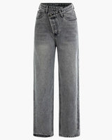 Asymmetric High-Waisted Straight-Leg Jeans with Waistband