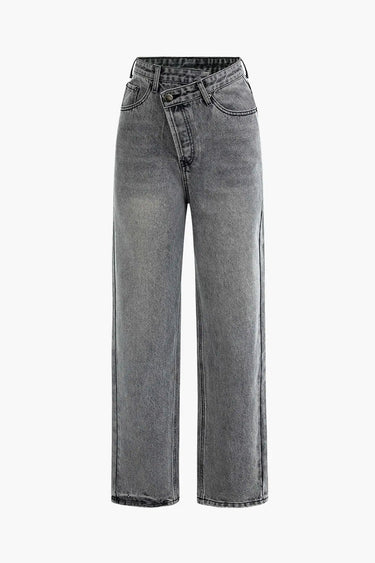 Asymmetric High-Waisted Straight-Leg Jeans with Waistband