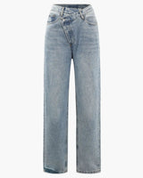 Asymmetric High-Waisted Straight-Leg Jeans with Waistband