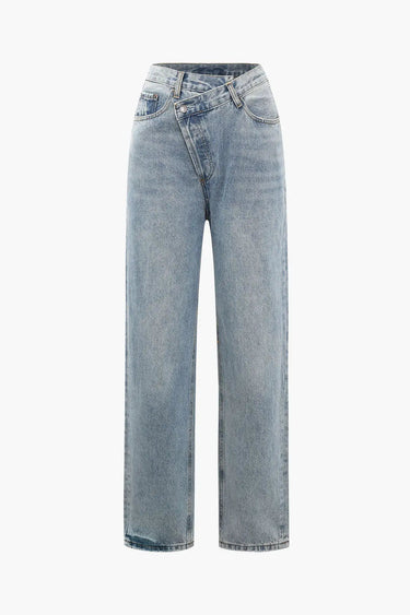 Asymmetric High-Waisted Straight-Leg Jeans with Waistband