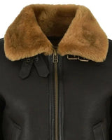Close-up of the fold-over shearling collar and shearling cuff trim