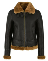 Front view of a leather aviator jacket with shearling collar and cuffs