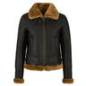 Front view of a leather aviator jacket with shearling collar and cuffs