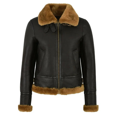 Front view of a leather aviator jacket with shearling collar and cuffs