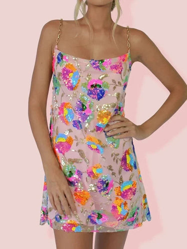 Backless Sequin Mini Dress with Chain Straps