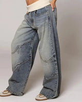 Baggy Wide Leg Denim Trousers with Ribbed Waistband