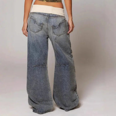 Baggy Wide Leg Denim Trousers with Ribbed Waistband