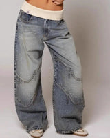 Baggy Wide Leg Denim Trousers with Ribbed Waistband
