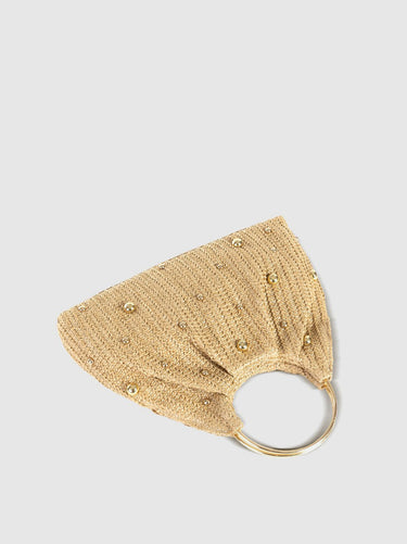Close-up of the metallic bead details on the woven straw surface of the hobo bag