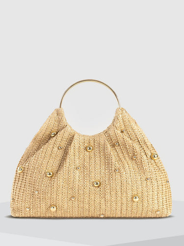 Top-down view of the beaded hobo bag highlighting the ring handle and woven texture