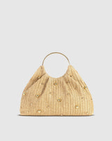Front view of a woven straw hobo bag with metallic bead embellishments and a ring handle