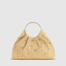 Front view of a woven straw hobo bag with metallic bead embellishments and a ring handle