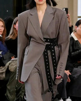Belted Blazer Jacket with Lapel Collar and Defined Silhouette