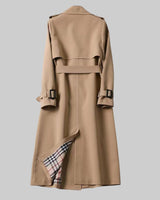 Back view of the longline trench coat with belted waist
