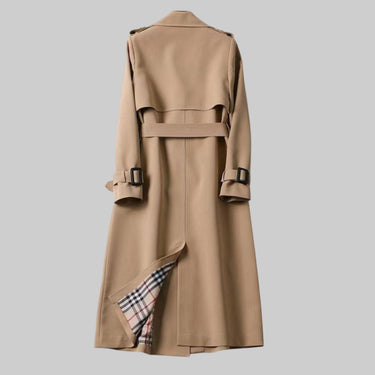Back view of the longline trench coat with belted waist
