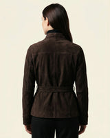 Three-quarter view of a suede jacket with cinched waist and wrap front