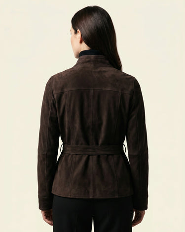 Three-quarter view of a suede jacket with cinched waist and wrap front