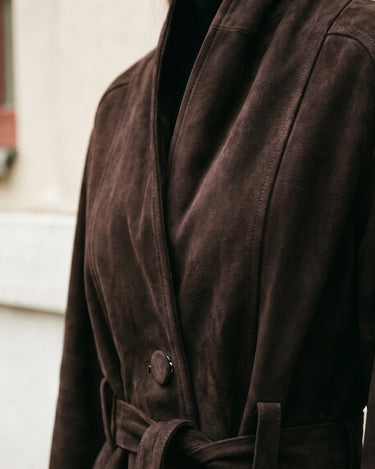 Close-up of the covered button and wrap front on a suede jacket