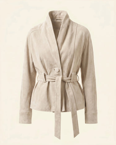 Side profile of a relaxed suede jacket showing natural drape and belt detail
