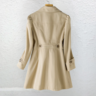 Front view of a longline belted trench coat with notched collar and buttoned cuffs