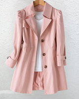 Close-up of the notched collar and button fastening detail on the trench coat