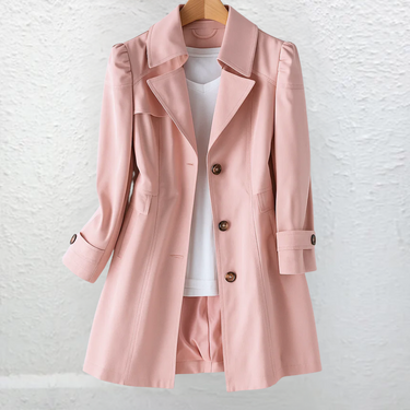 Close-up of the notched collar and button fastening detail on the trench coat
