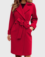 Side view showing the adjustable tie belt and trench coat length