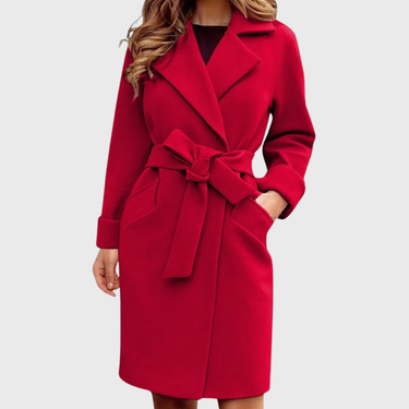 Side view showing the adjustable tie belt and trench coat length